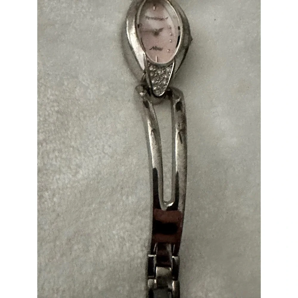 Armitron Now Silver Tone Bangle Watch Pink‎ Face Rhinestone Accent Womens